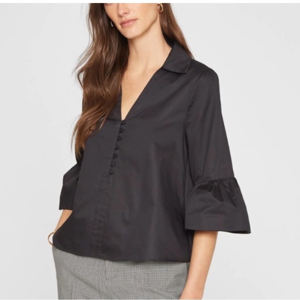 Club Monaco Top Women’s Medium Black Shirt Blouse Bell Sleeve Minimalist Boxy U